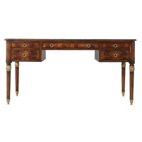 Front view of French mahogany desk, drawer details shown.