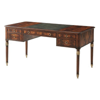Elegant French mahogany desk with drawers and green inlay.