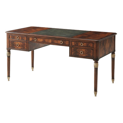 Elegant French mahogany desk with drawers and green inlay.