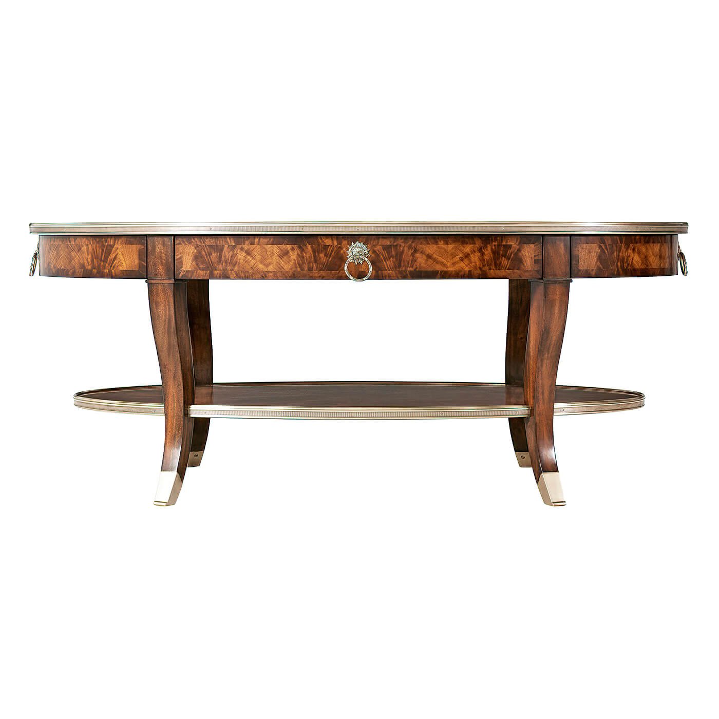 Front view of French mahogany cocktail table and shelf.
