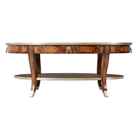 Front view of French mahogany cocktail table and shelf.