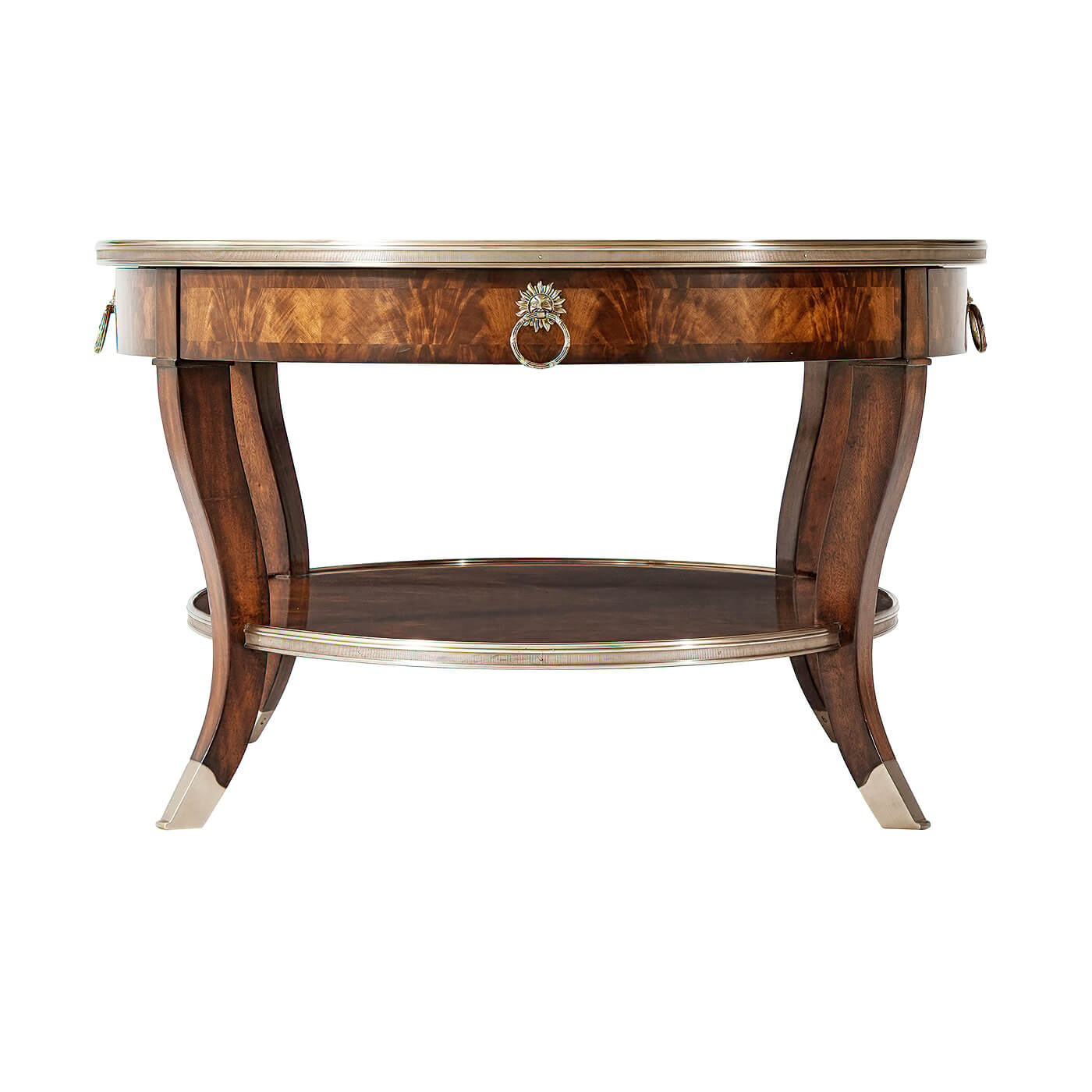 Side view of mahogany oval cocktail table with legs.