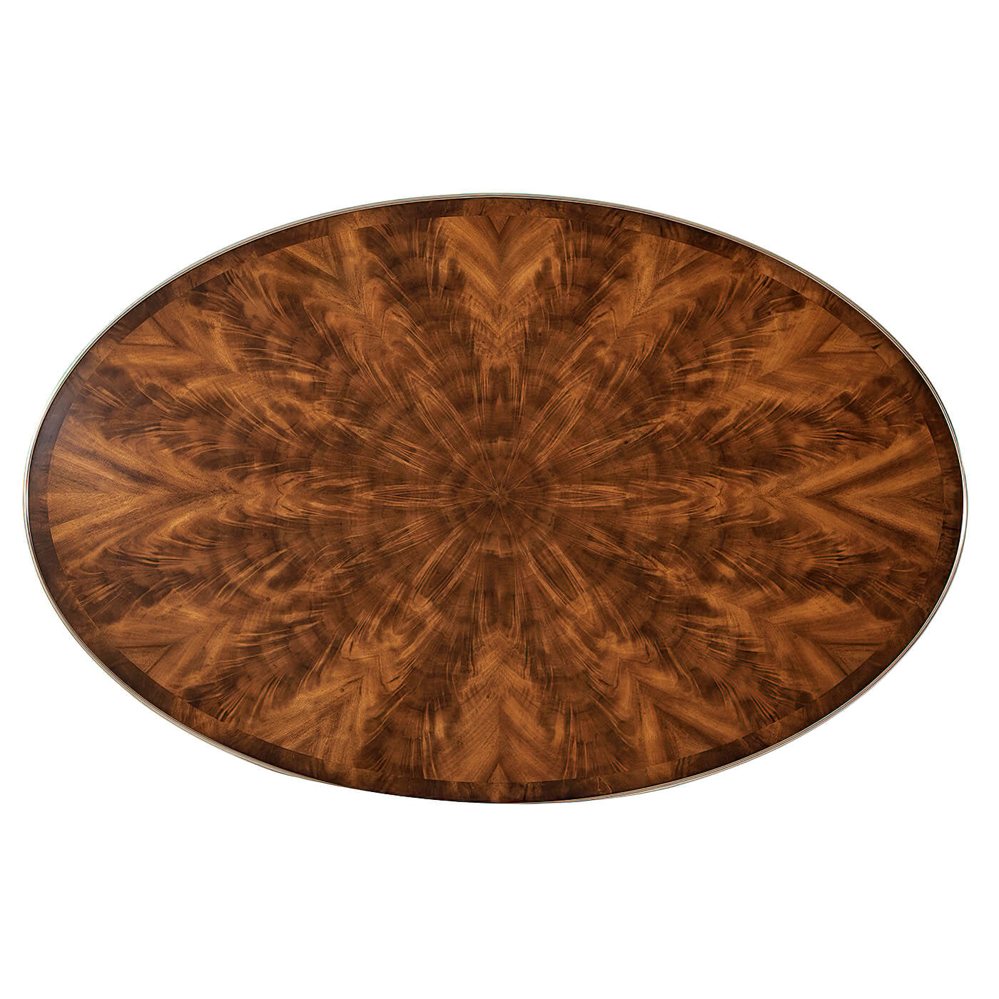 Top view of French mahogany oval cocktail table design.