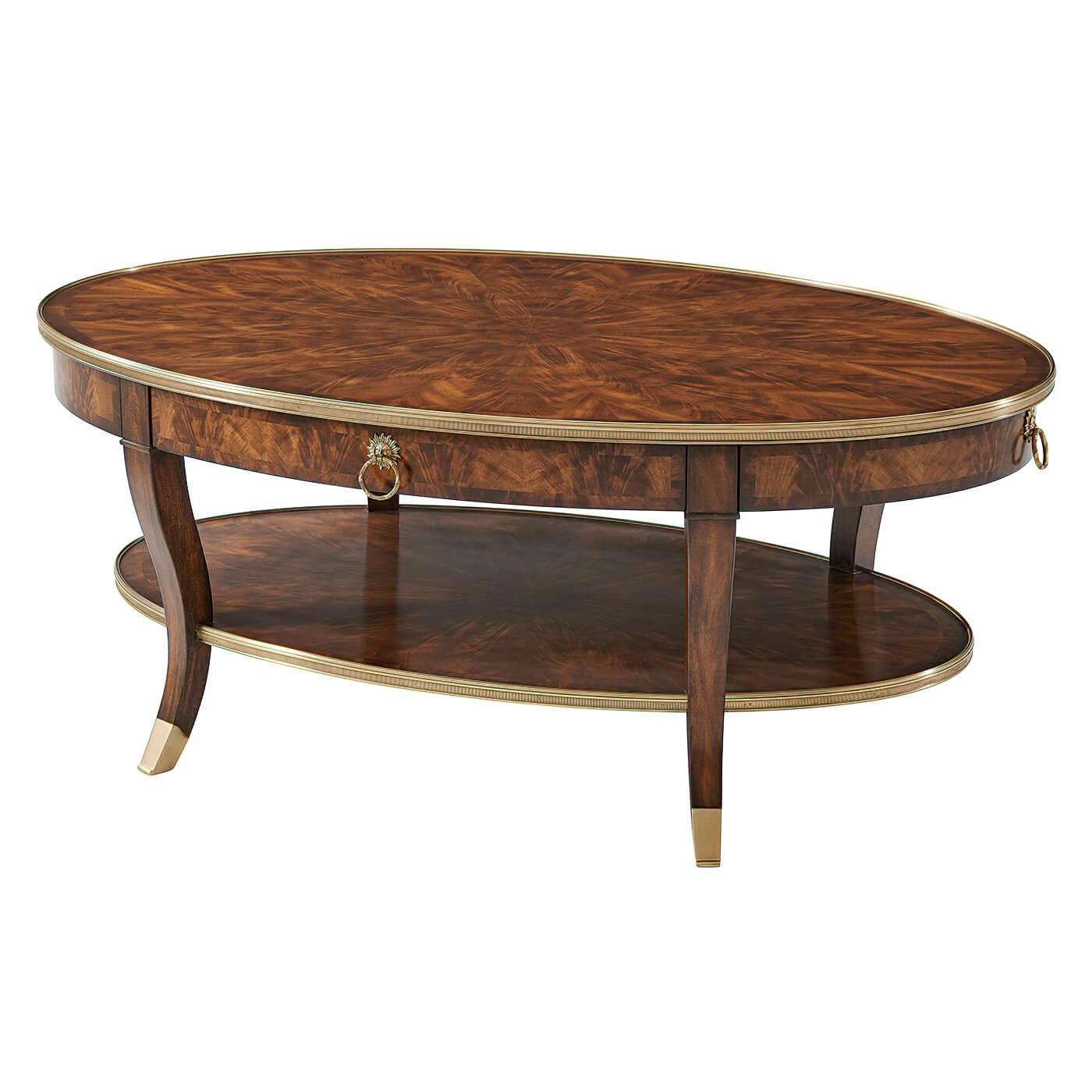 French mahogany oval cocktail table with detailed top view.