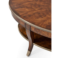 Close-up of mahogany cocktail table corner and lower shelf.