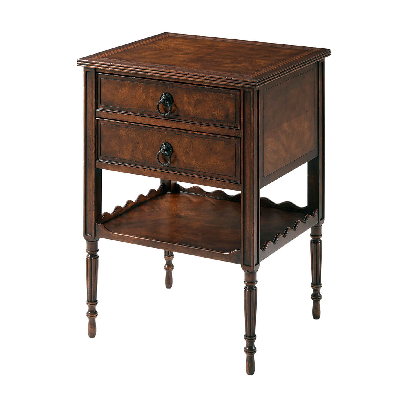 Mahogany side table with two drawers, angled view.