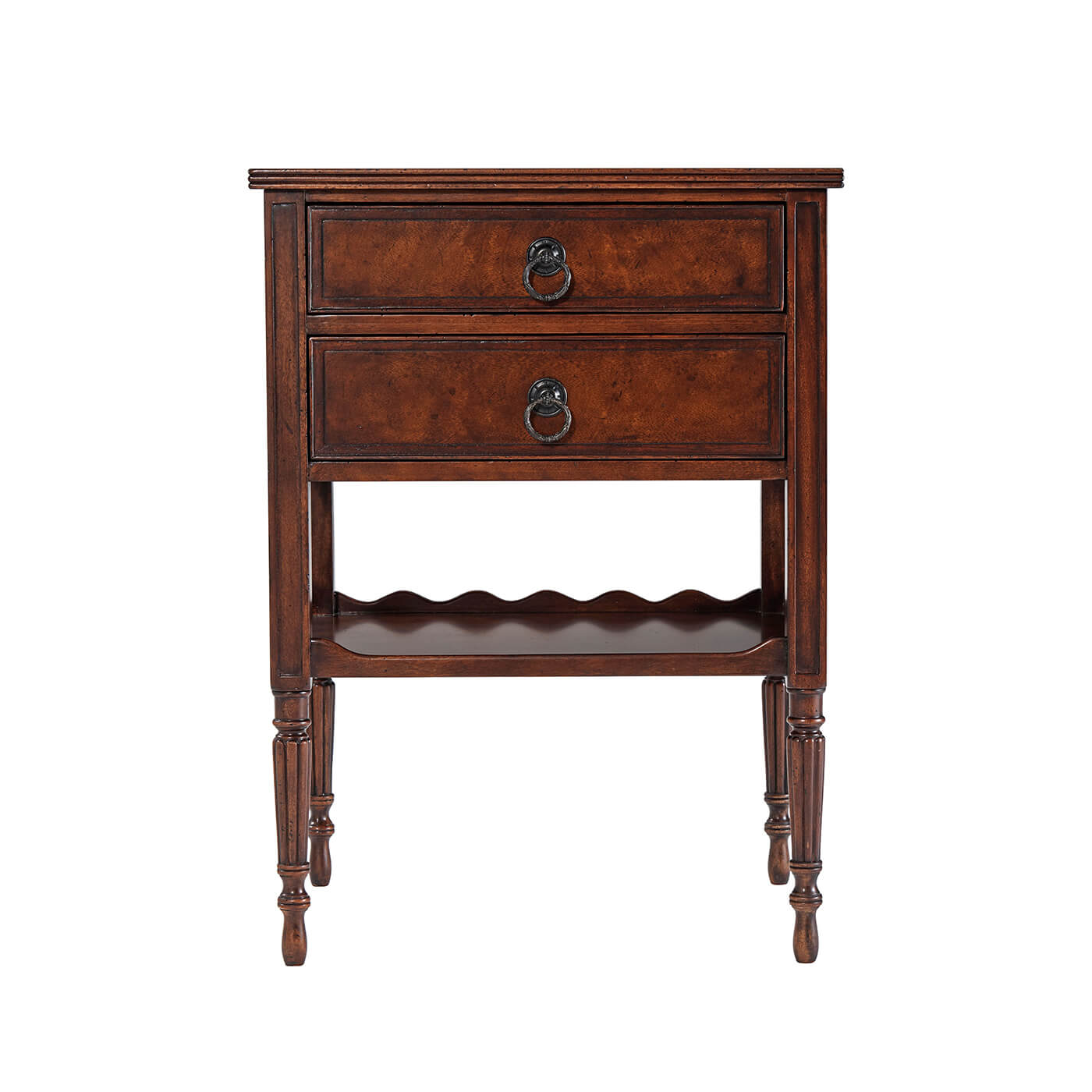 Front view of mahogany side table, two drawers visible.