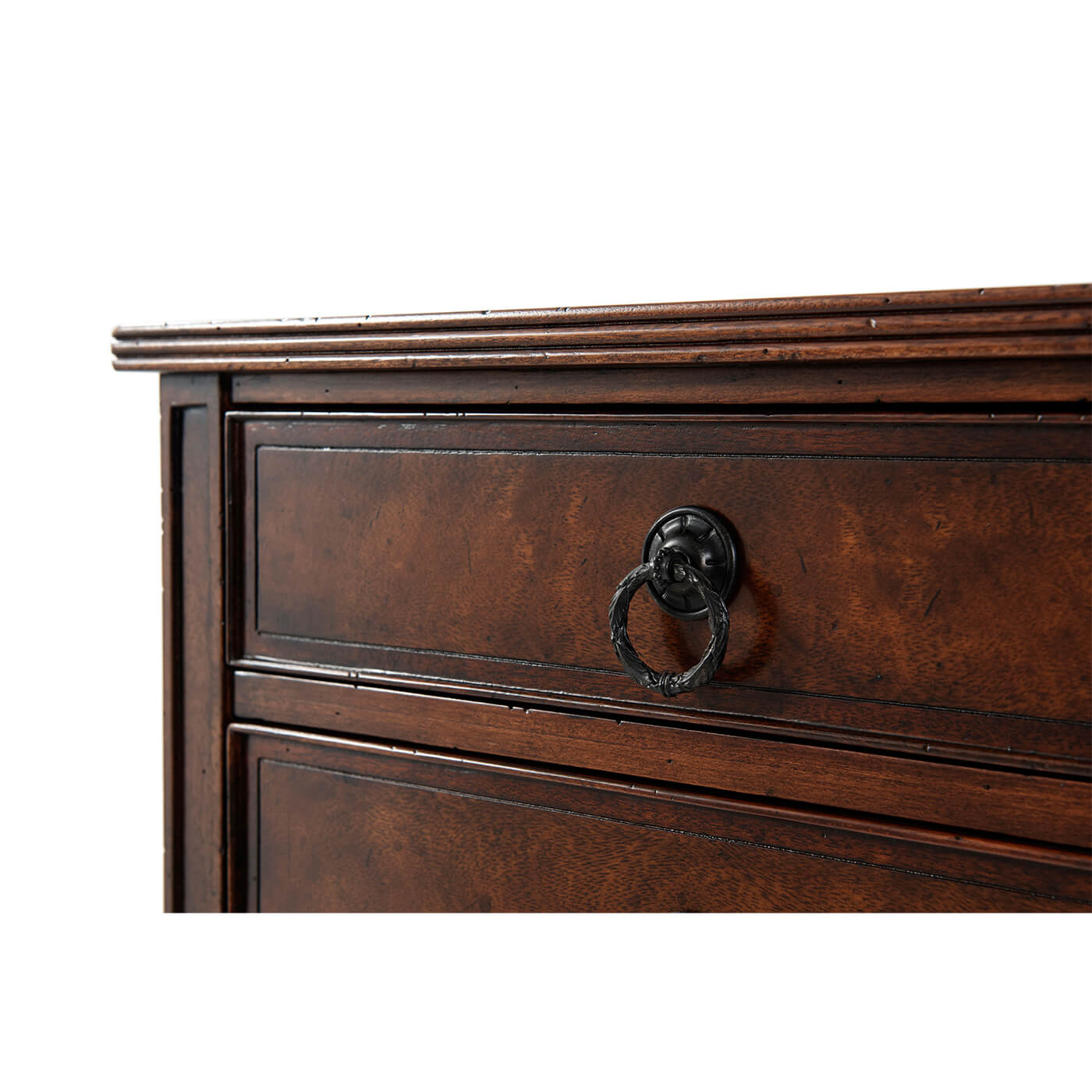 Close-up of mahogany side table drawer handle detail.