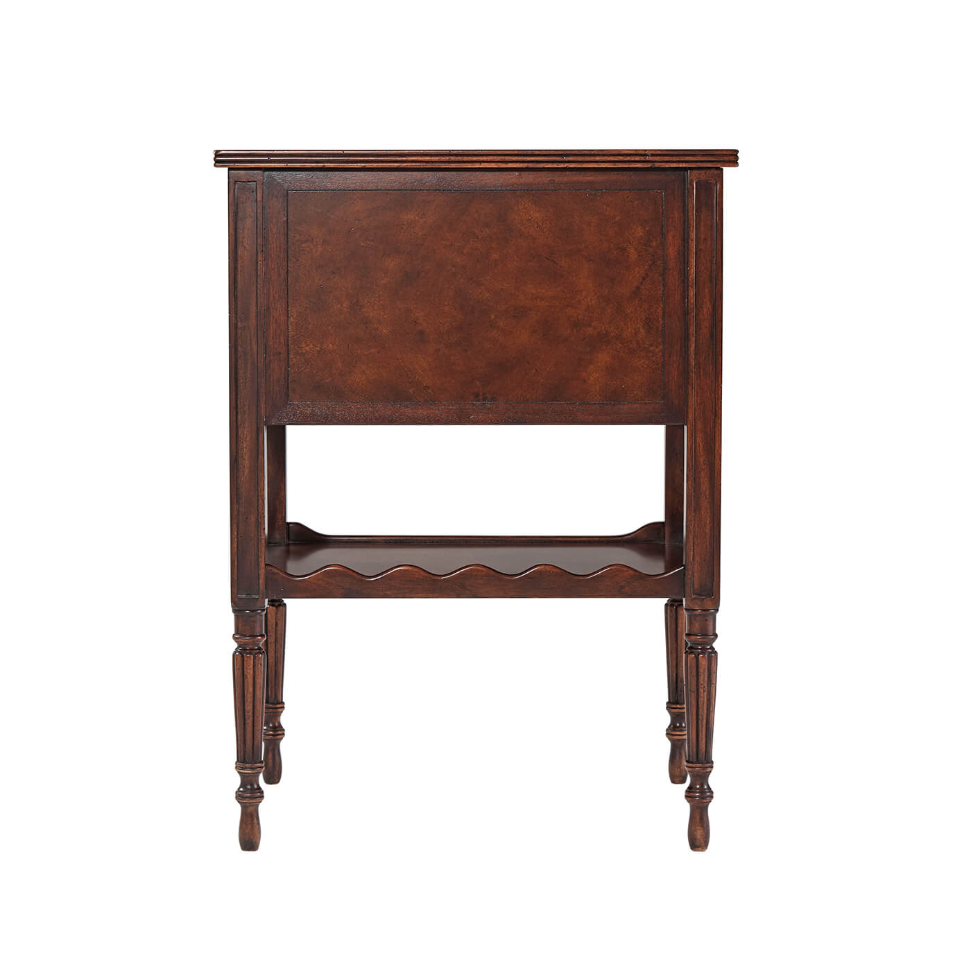 Side view of mahogany side table, elegant legs shown.