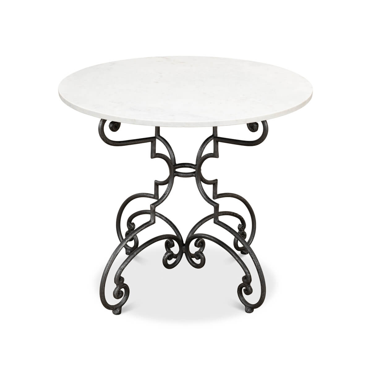 Brasserie table with marble top and curved iron legs.