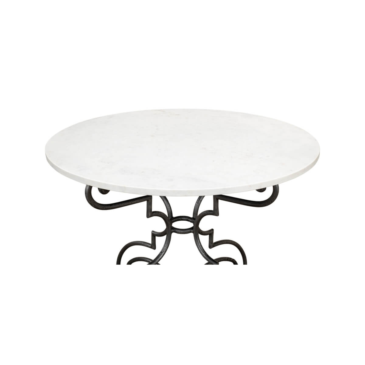 Top view of marble table showing detailed metal design.