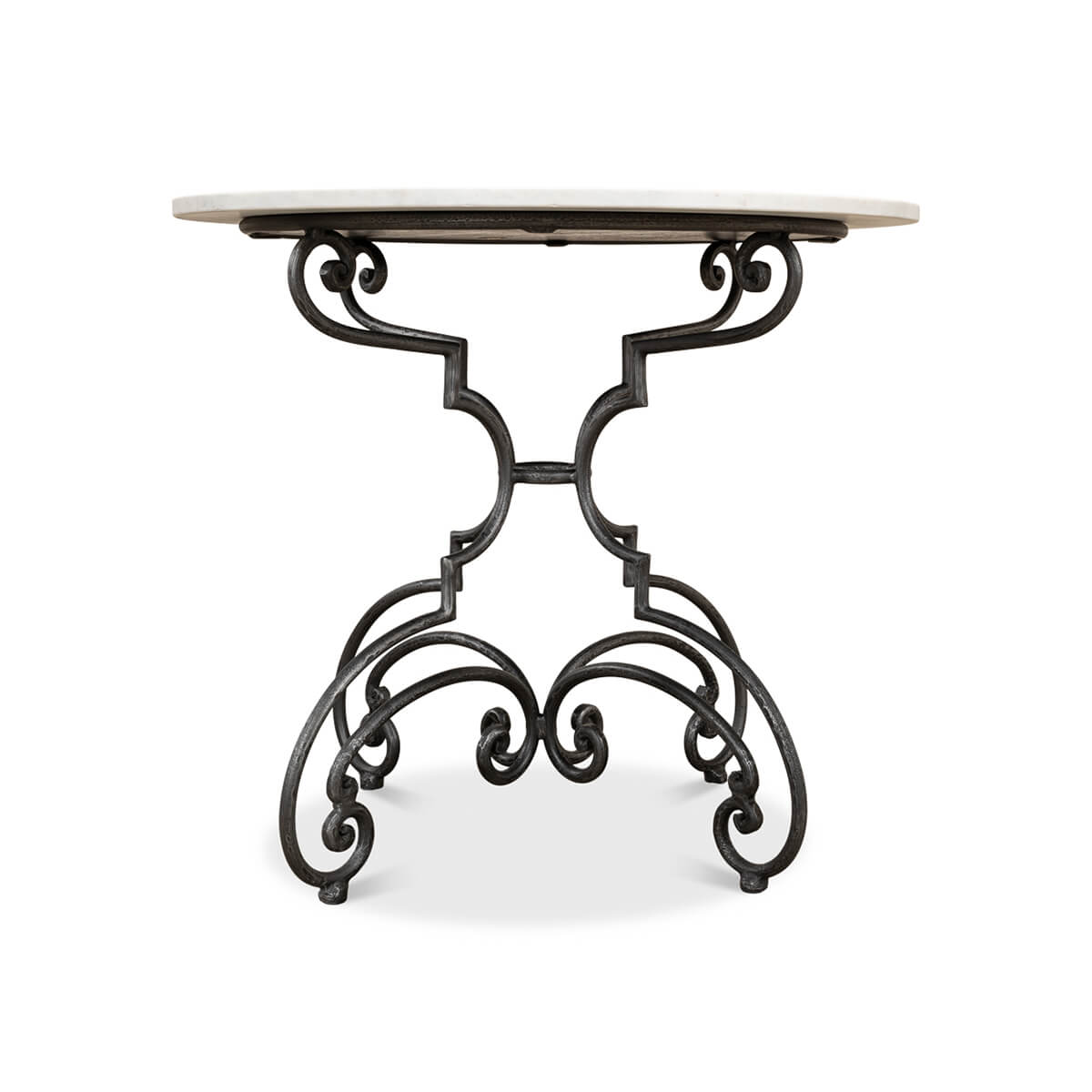 Side view of table showcasing decorative metal base design.