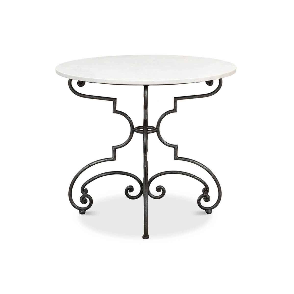 Front view of marble brasserie table with intricate legs.