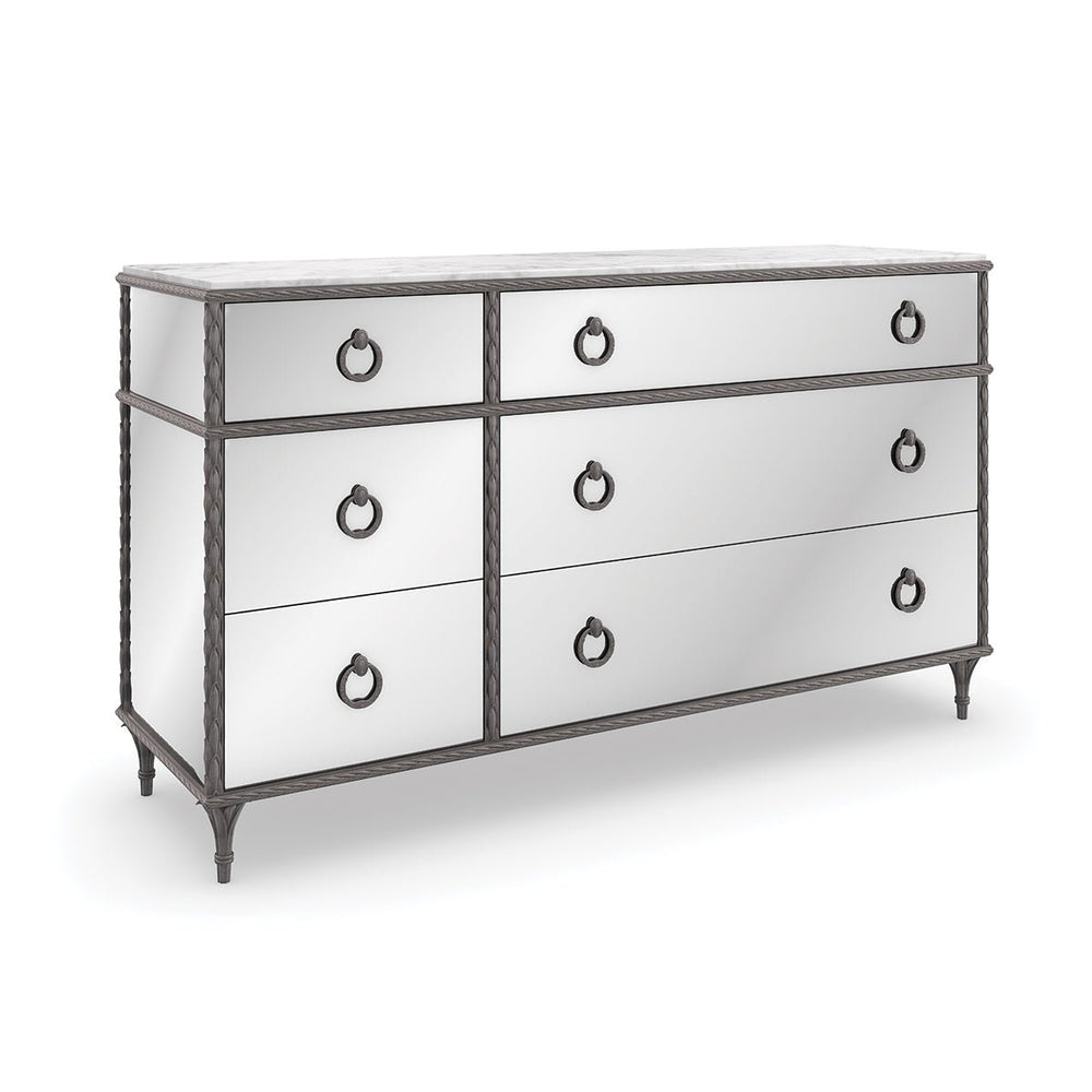Mirrored French marble top dresser with ring pulls.