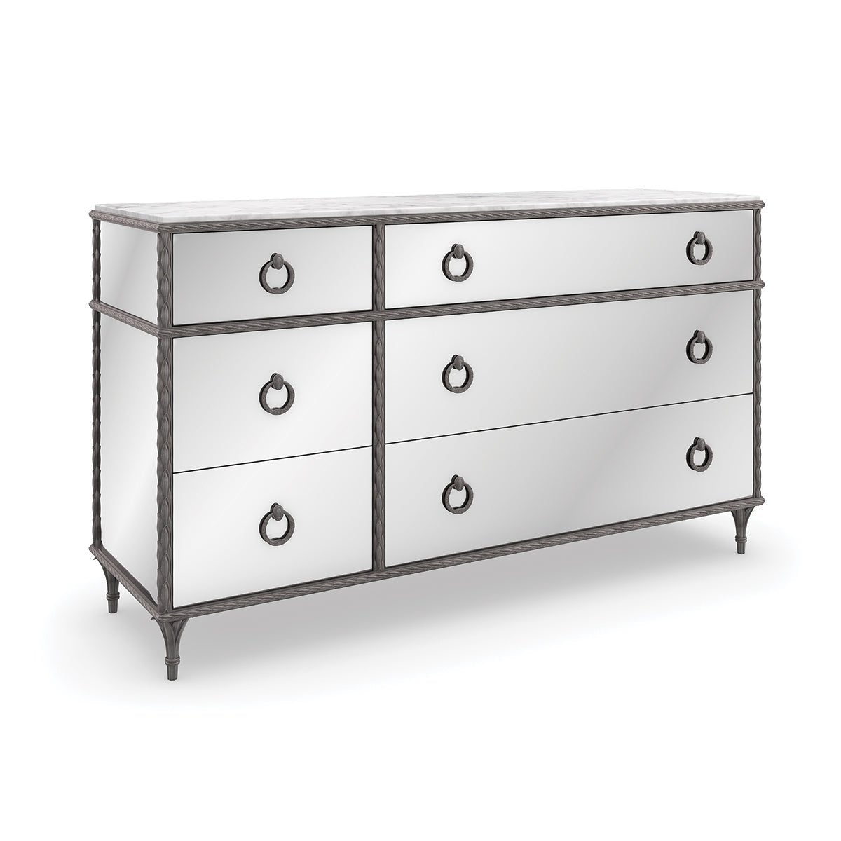 Mirrored French marble top dresser with ring pulls.
