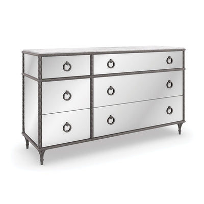Mirrored French marble top dresser with ring pulls.