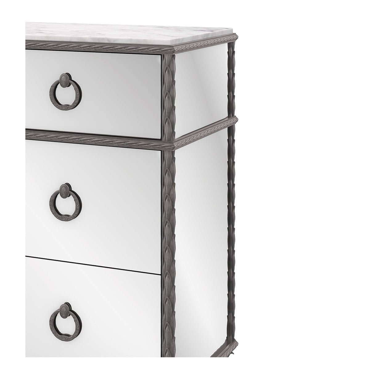 Close-up of dresser detailing and mirrored finish.