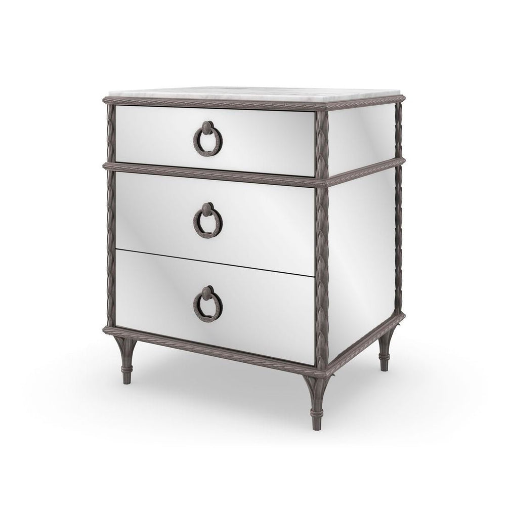Mirrored nightstand with ring pulls, elegant design.