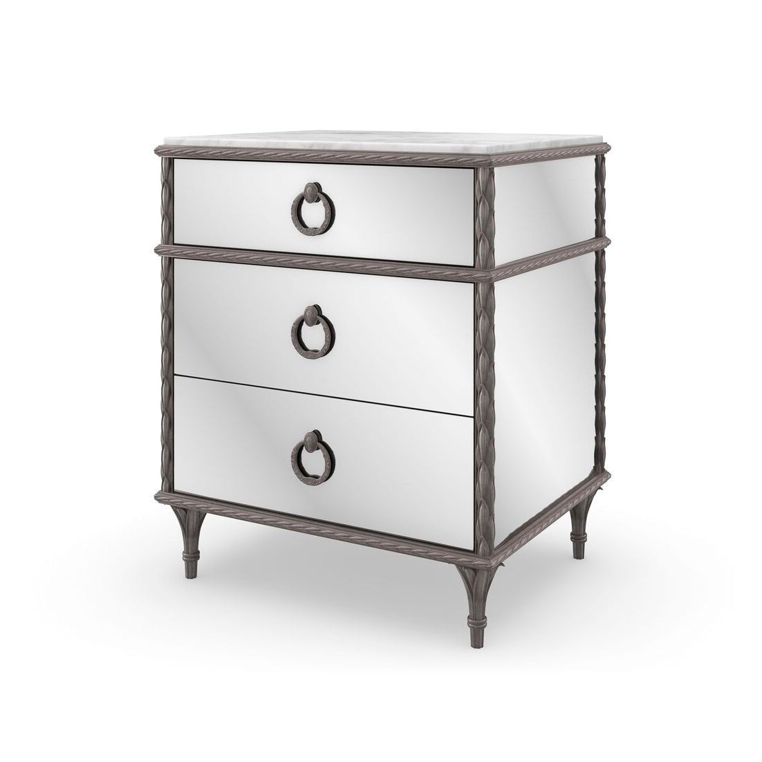 Mirrored nightstand with ring pulls, elegant design.