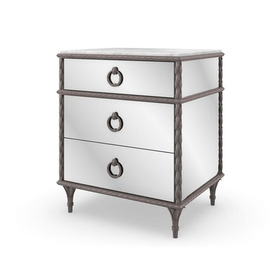 Mirrored nightstand with ring pulls, elegant design.