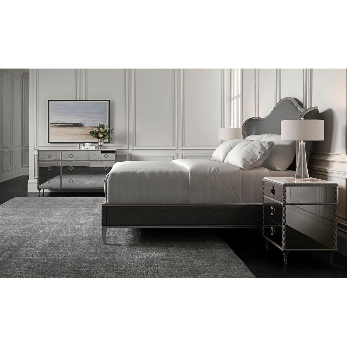 Two mirrored nightstands in sophisticated bedroom decor.