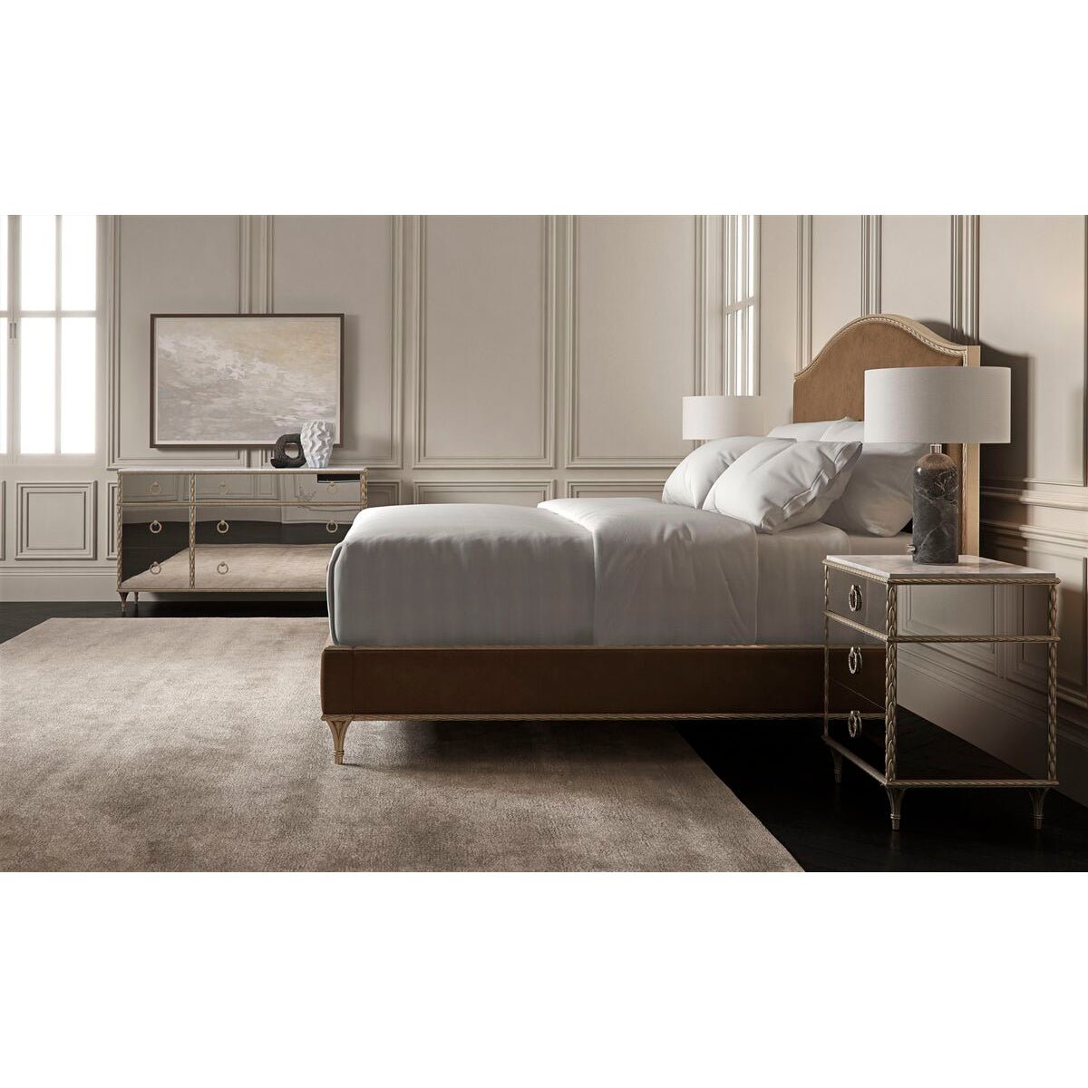 Spacious bedroom with two gold nightstands.