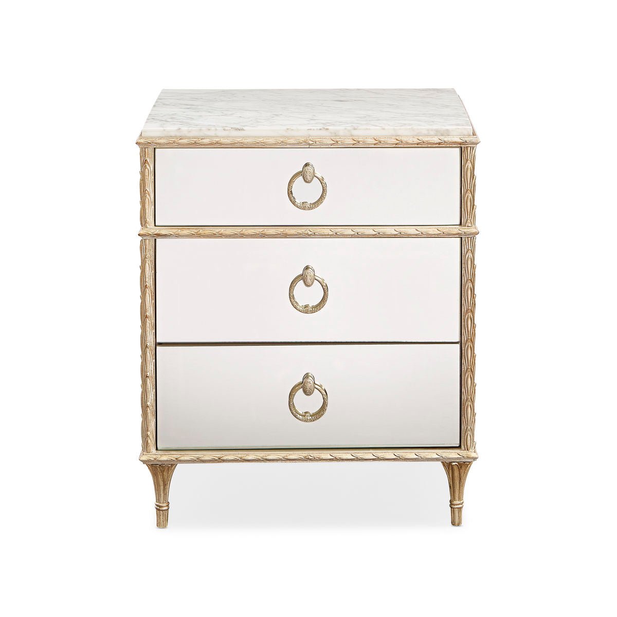 Front view of gold French marble top nightstand.