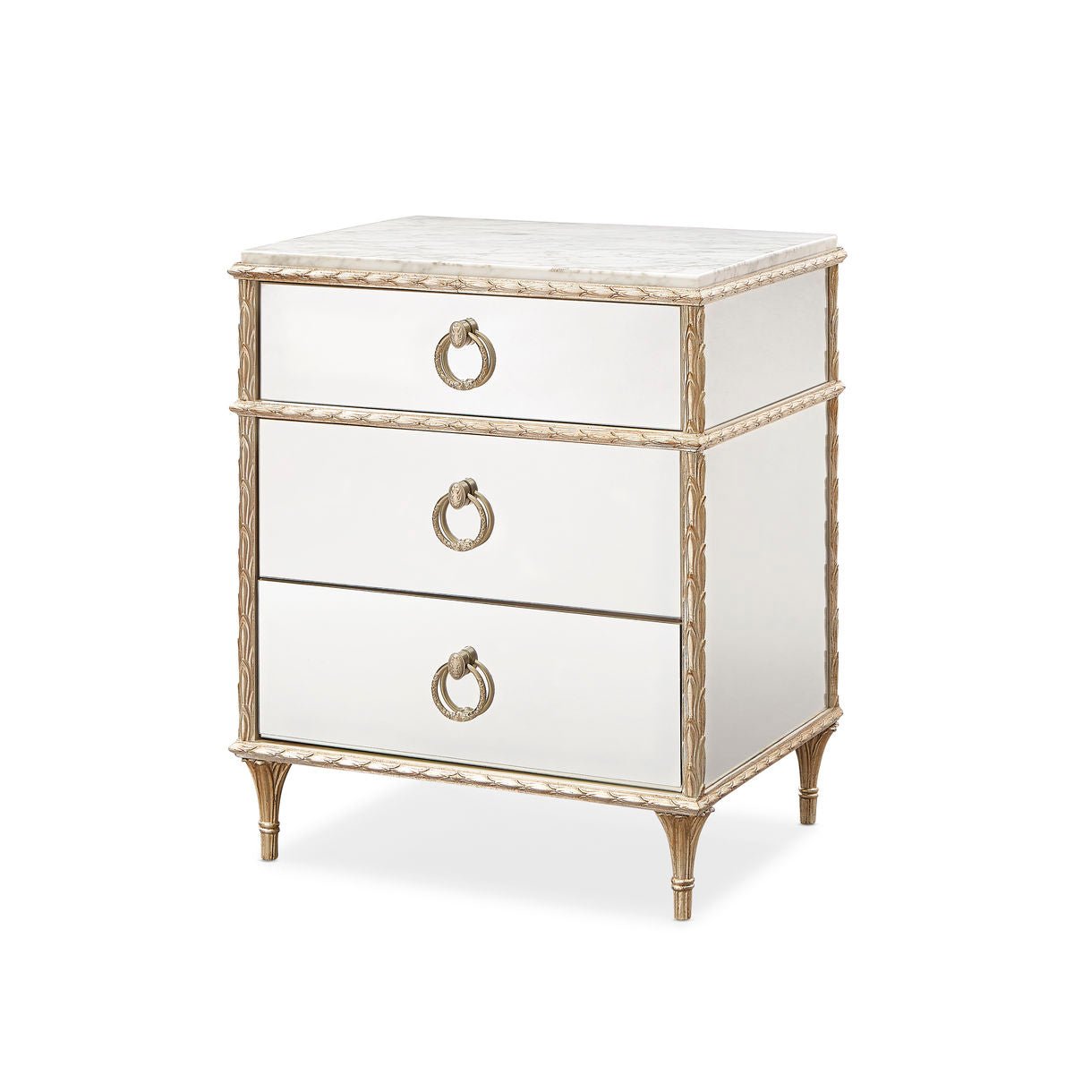 Gold French marble top nightstand angled view.