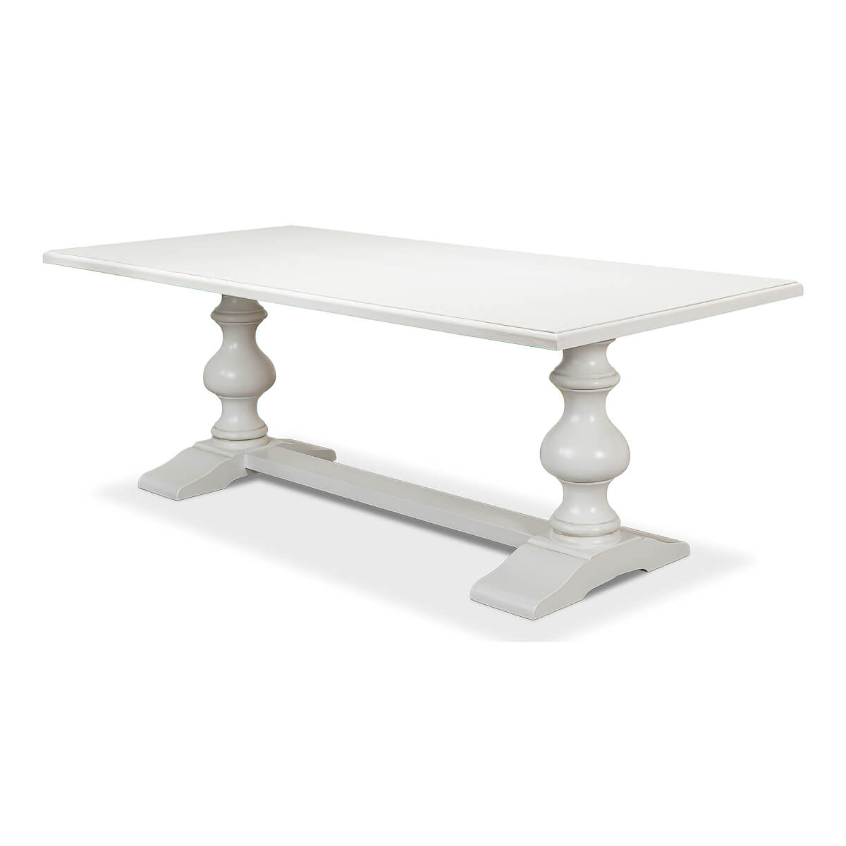 Angled side view of white refectory table.