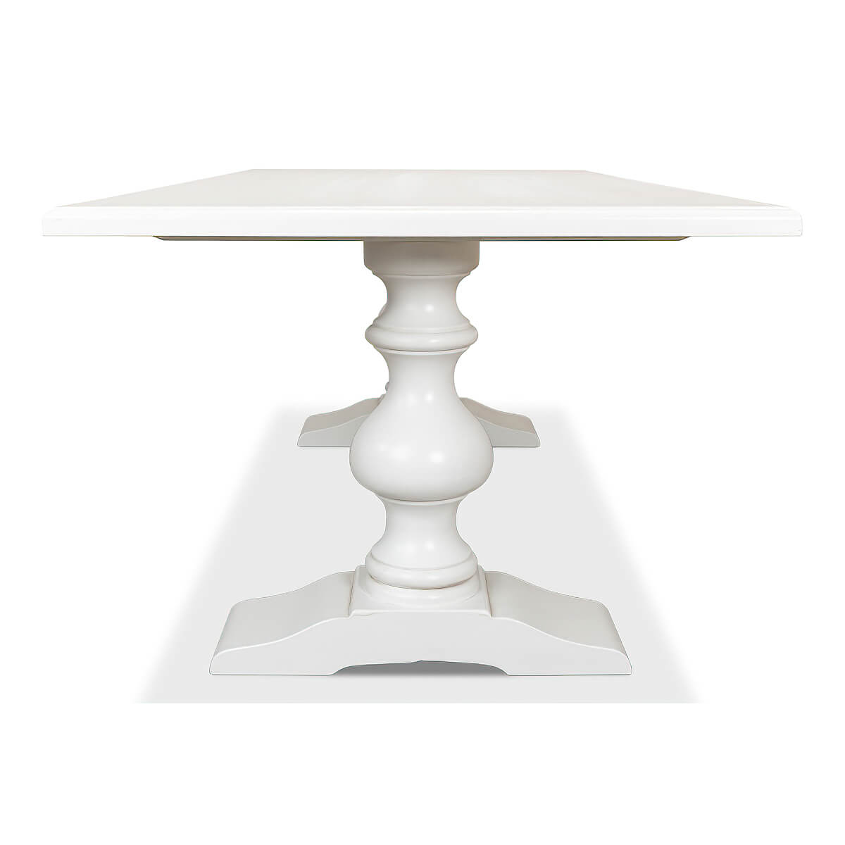Side view of white refectory table with symmetrical legs.
