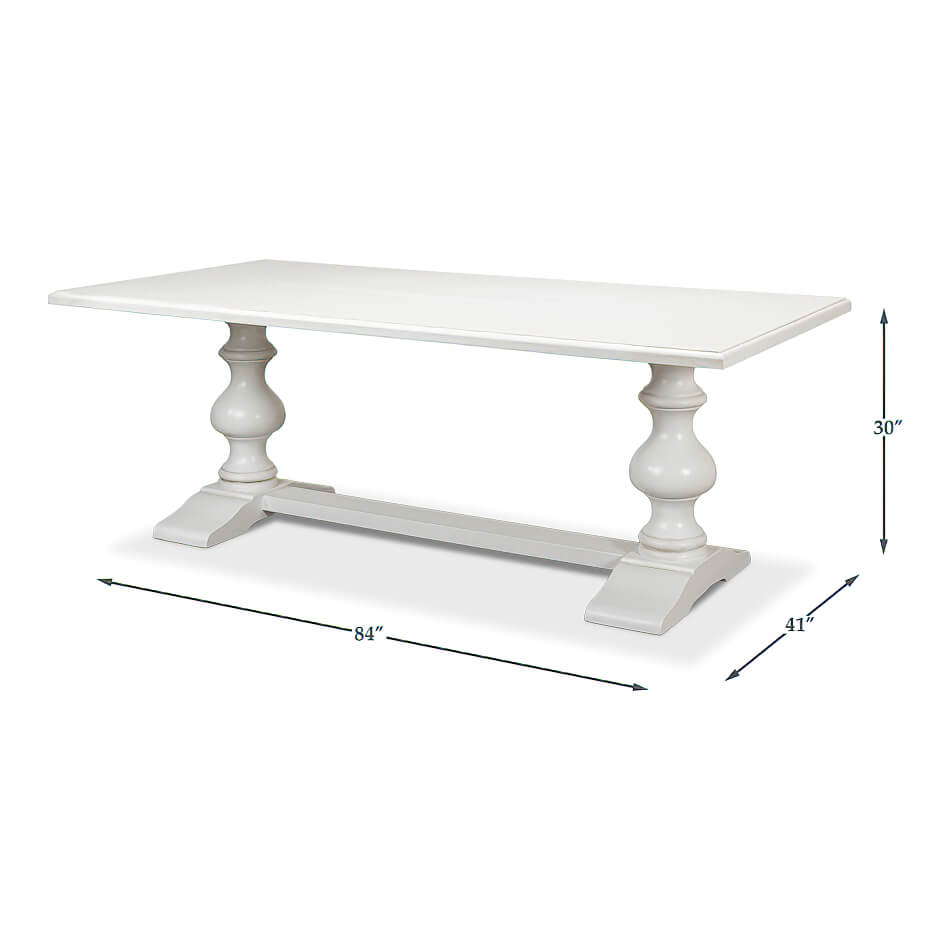 Dimensions of white refectory table with measurements displayed.