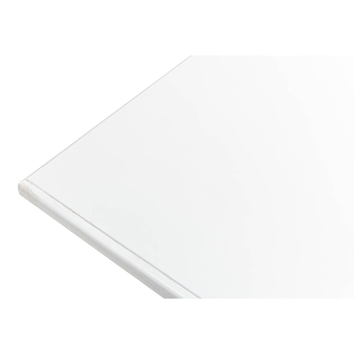 Close-up of white refectory table corner detail.
