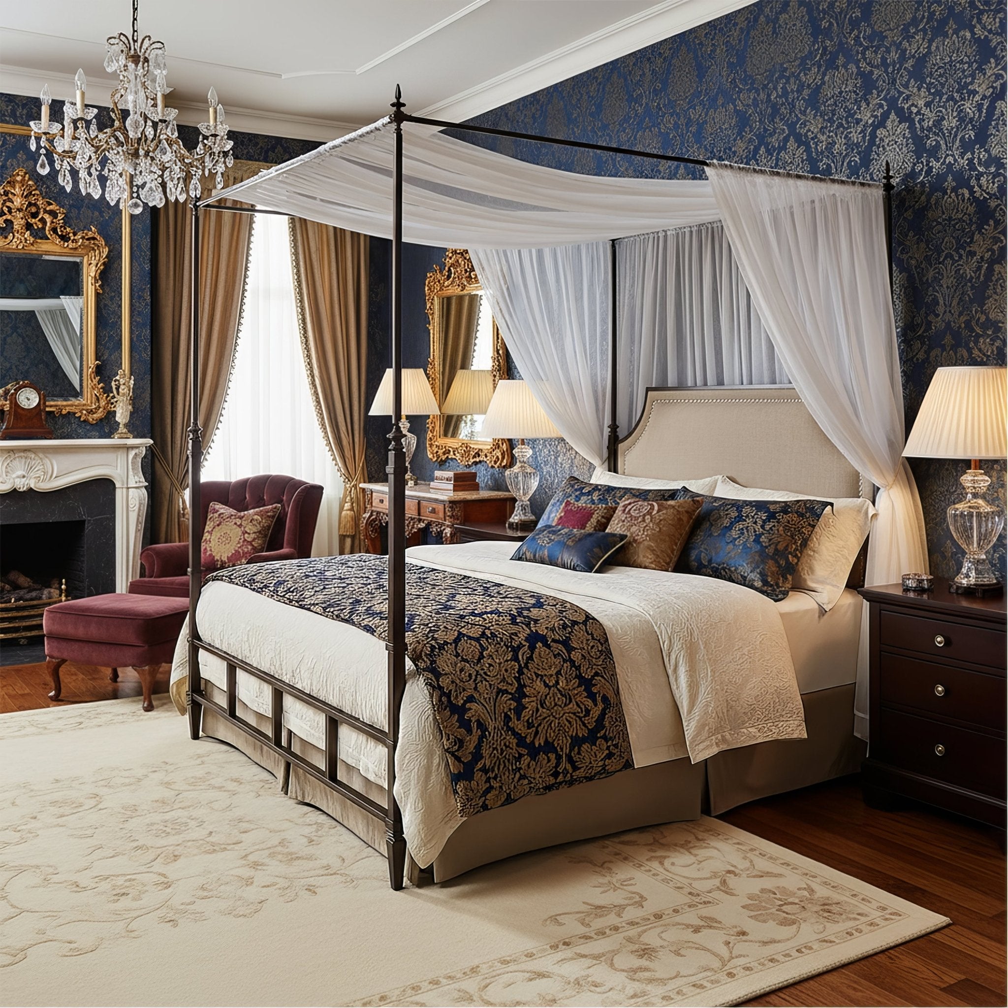 Queen metal canopy bed in elegant blue-themed bedroom.