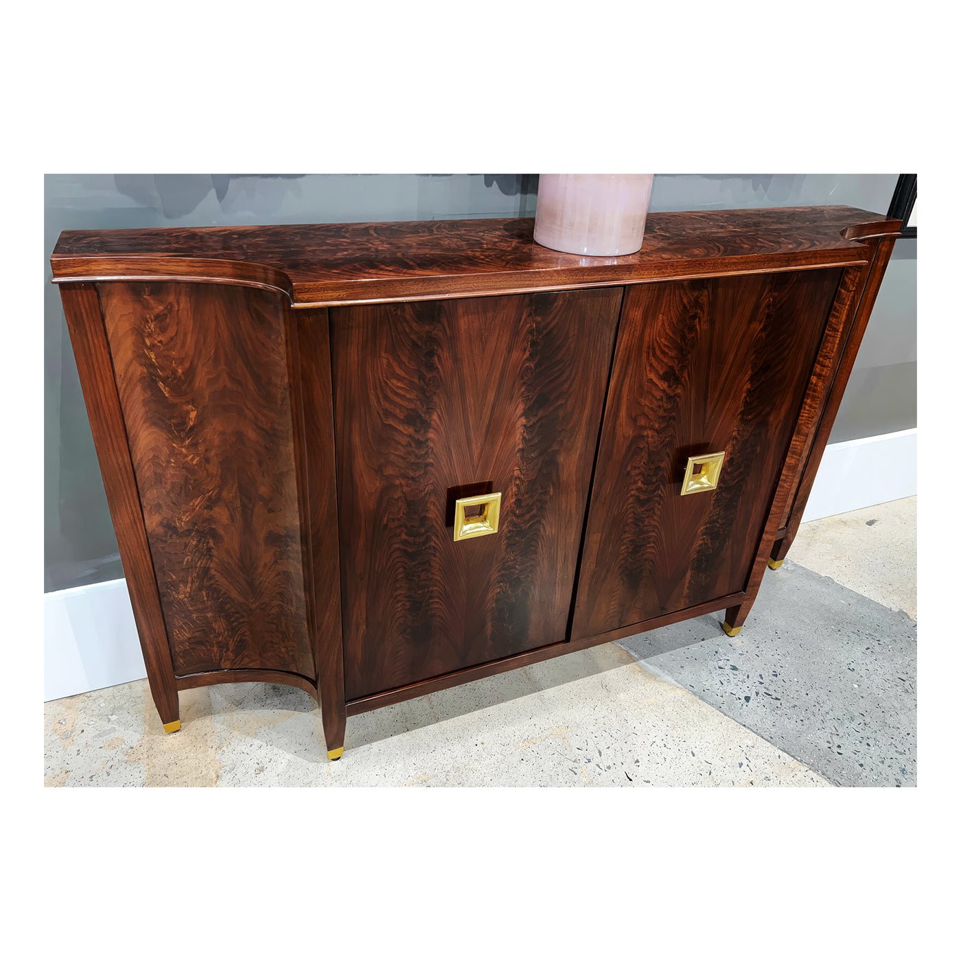 French Mid Century sideboard angled view, detailed wood grain.