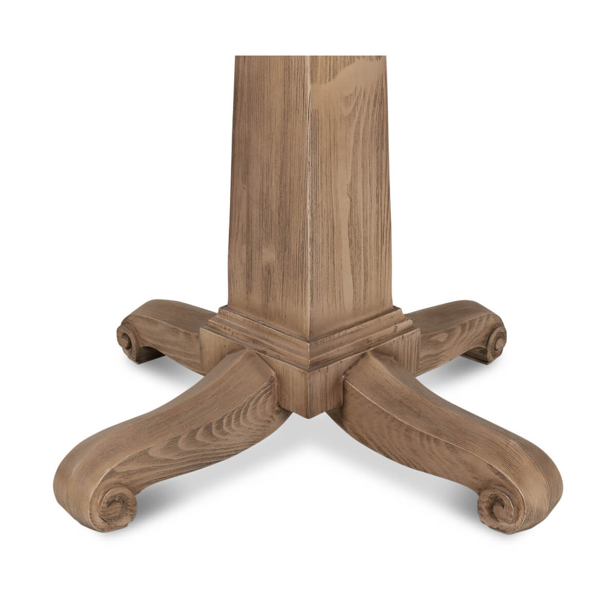 Detailed view of pedestal base with curved legs.