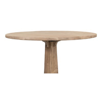 Profile view of round bistro table, wooden pedestal design.