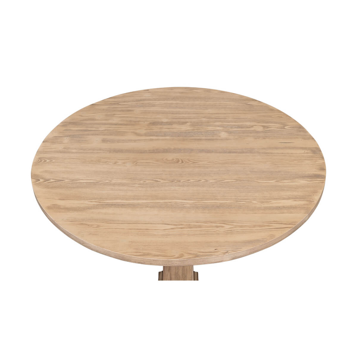 Top view of round wooden bistro table surface.