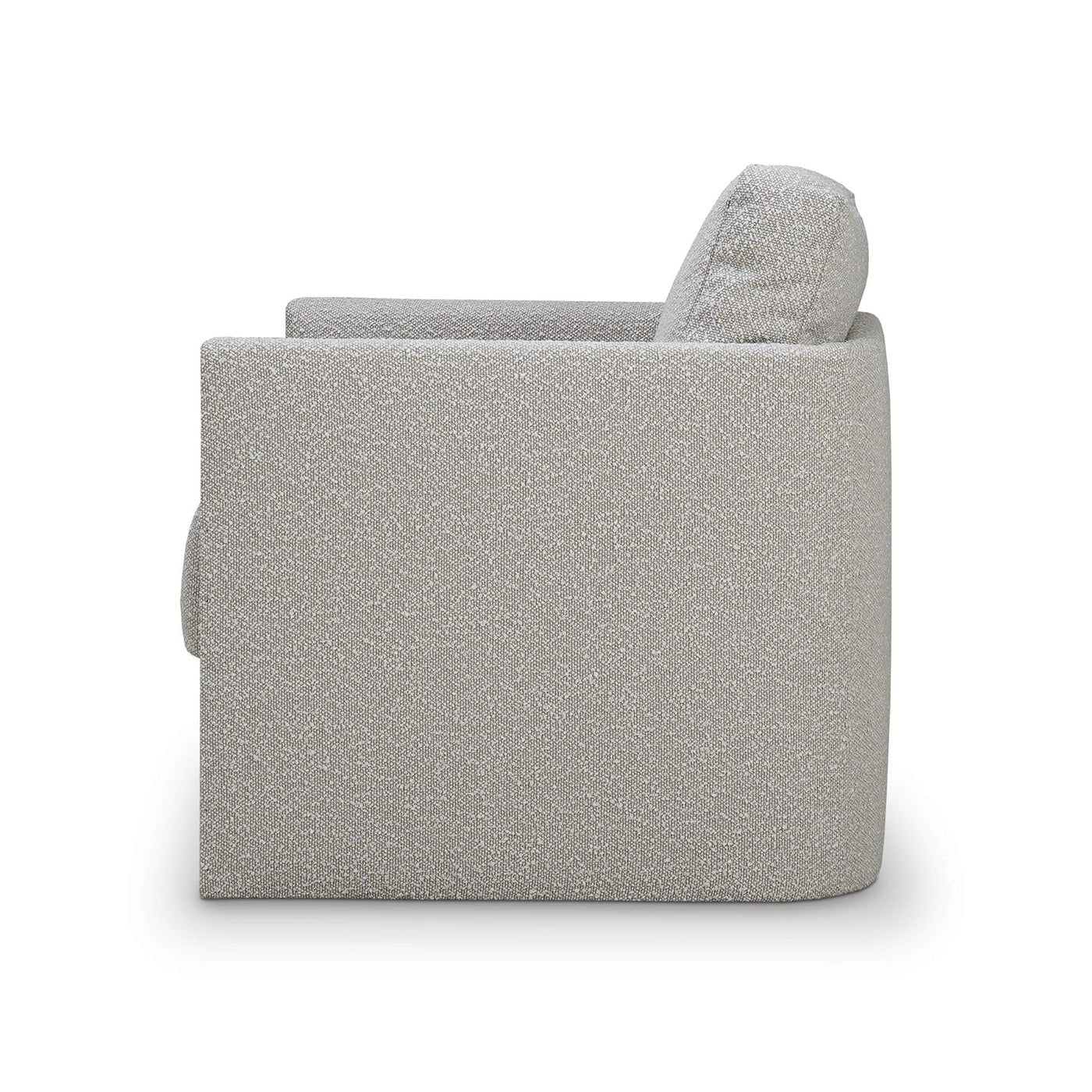 Gray swivel armchair with wooden accents, side profile.