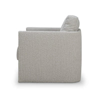 Gray swivel armchair with wooden accents, side profile.
