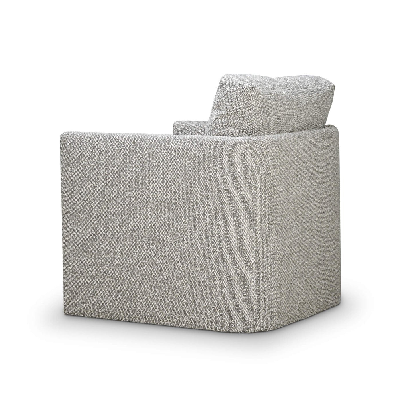 Gray swivel armchair with wooden accents, rear angle.