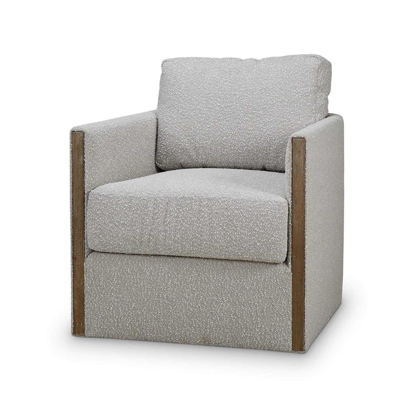 Gray swivel armchair with wooden accents, angle view.