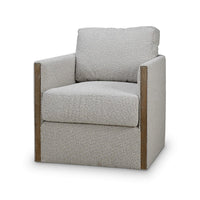 Gray swivel armchair with wooden accents, angle view.