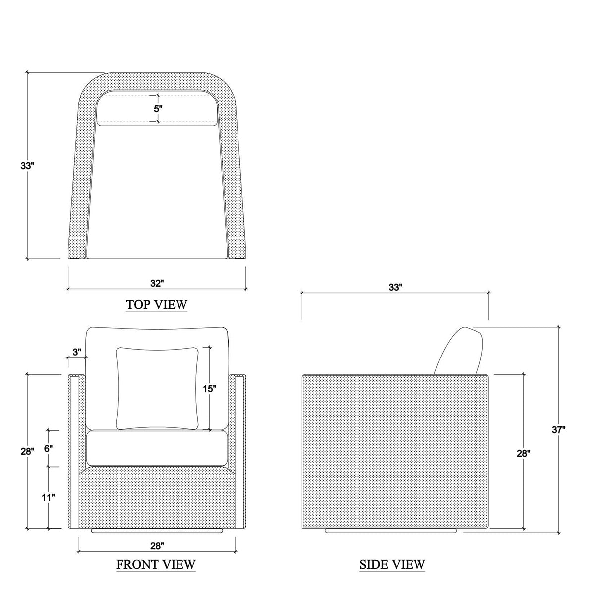 Dimensions and design blueprint of gray swivel armchair.
