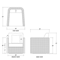 Dimensions and design blueprint of gray swivel armchair.
