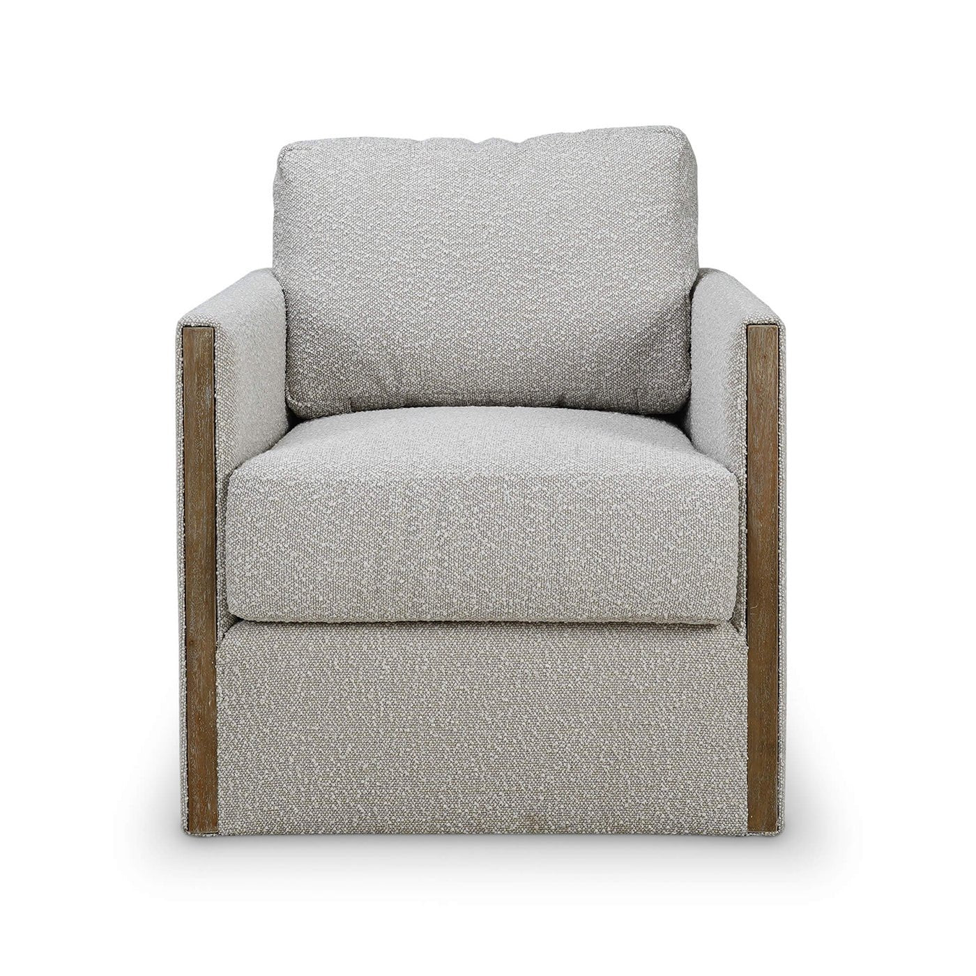 Gray swivel armchair with wooden accents, front view.