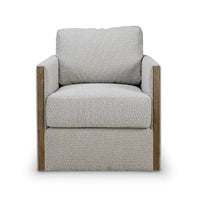 Gray swivel armchair with wooden accents, front view.