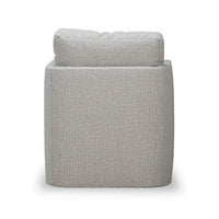 Gray swivel armchair with wooden accents, back view.