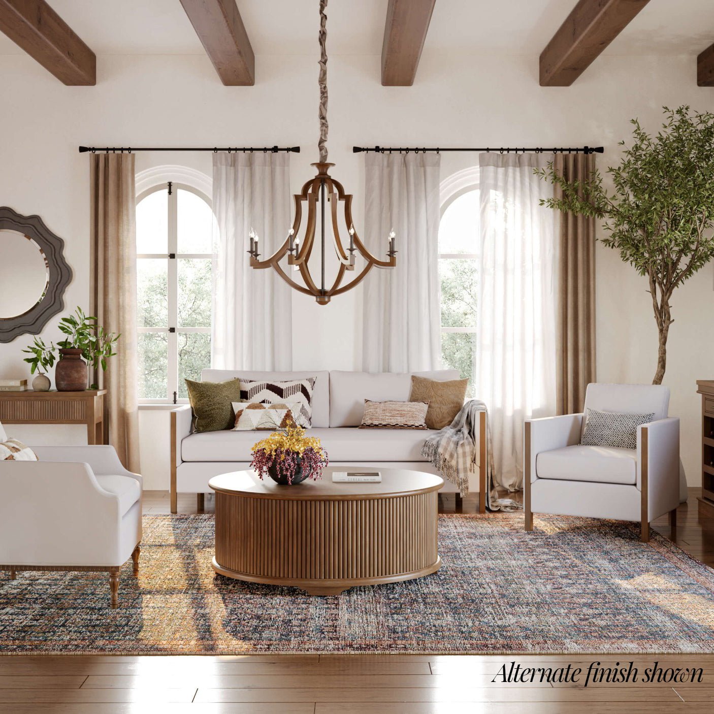 Living room with gray swivel armchair, alternate finish.