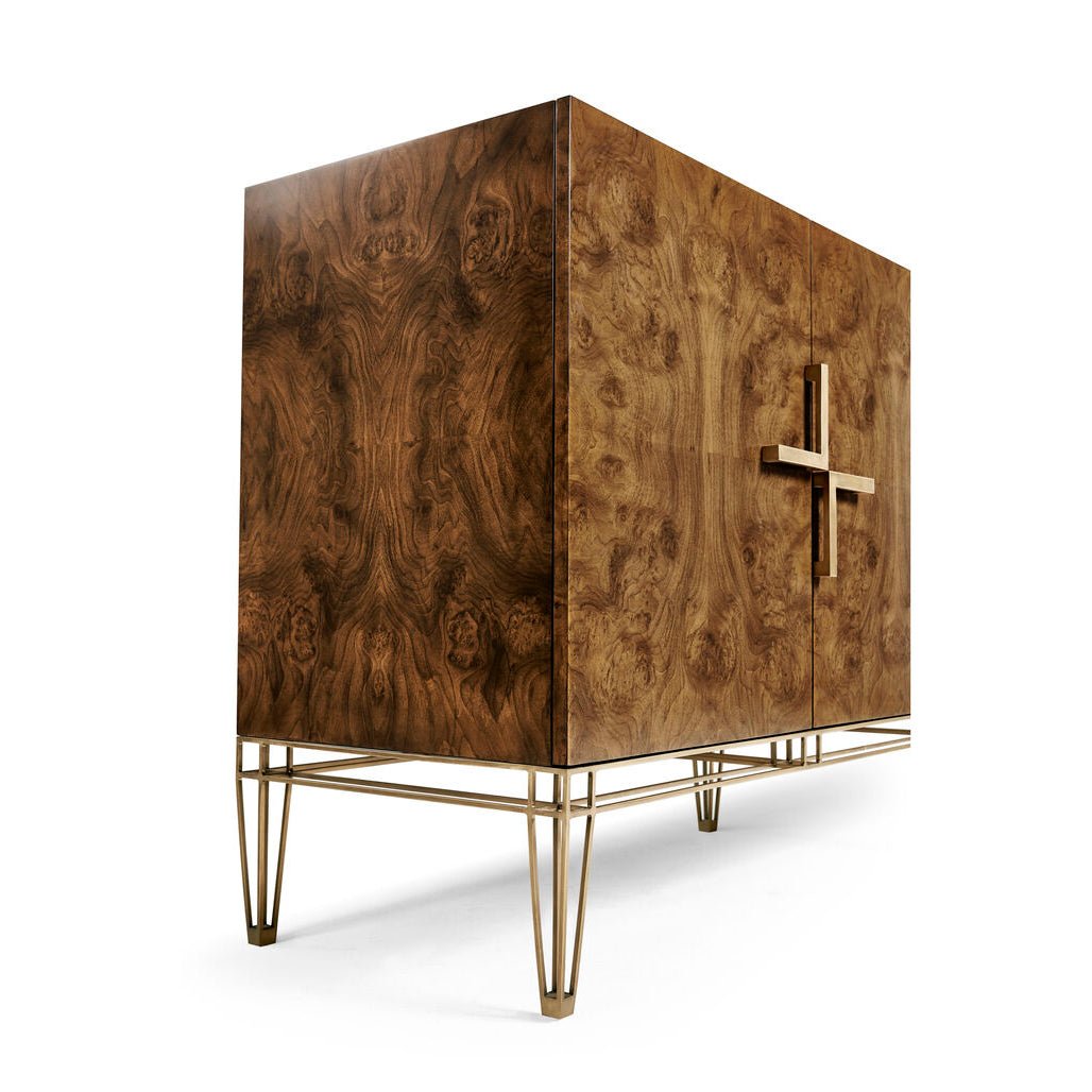 Angled view of sideboard showcasing wood texture and legs.