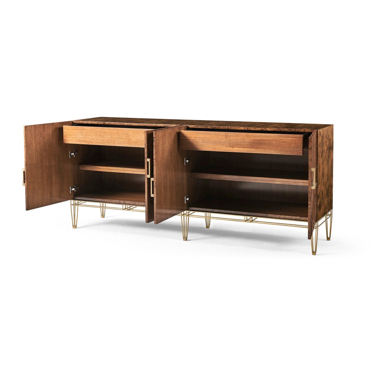 Open sideboard showing interior shelves and drawers.